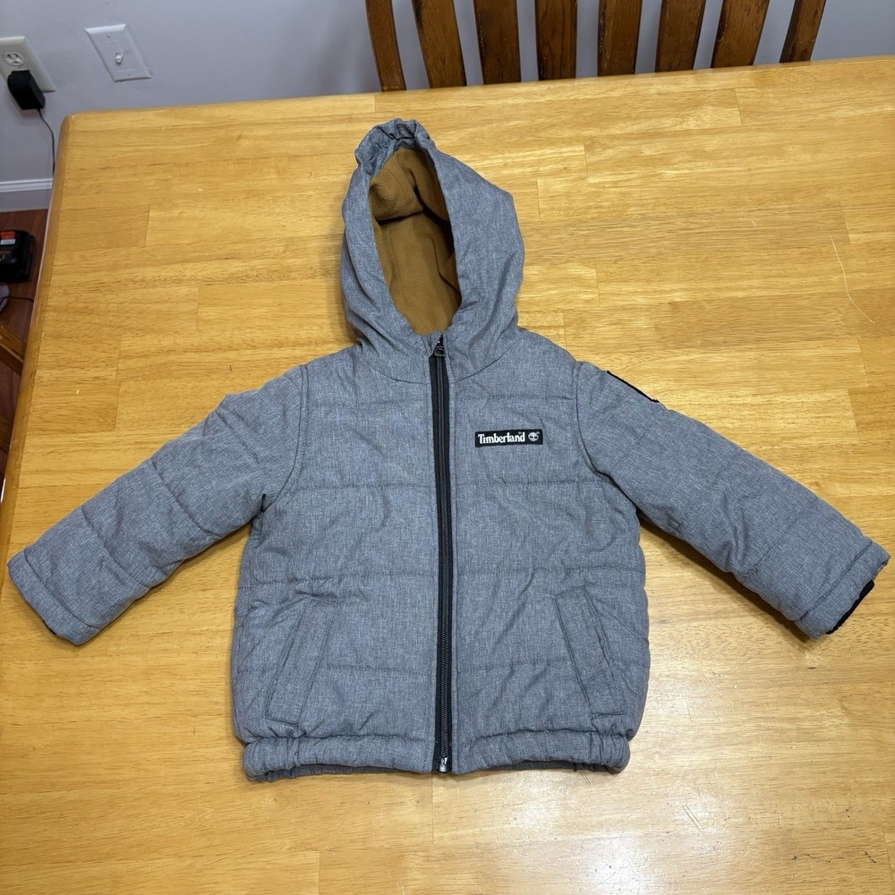 Timberland Puffer Jacket Boys Size 2T Kids Toddler Black Gray Full Zip Hooded